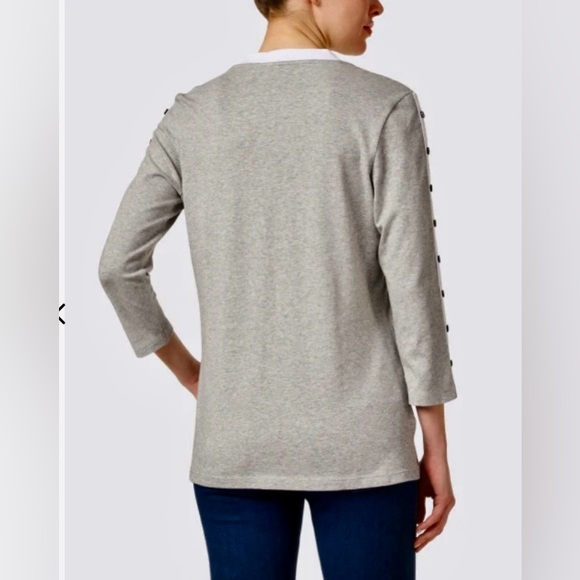 EUC E.L.I. Cotton/Spandex V-Neck Tunic Top W/ Button Sleeve Detail XL Gray/White - Picture 7 of 14